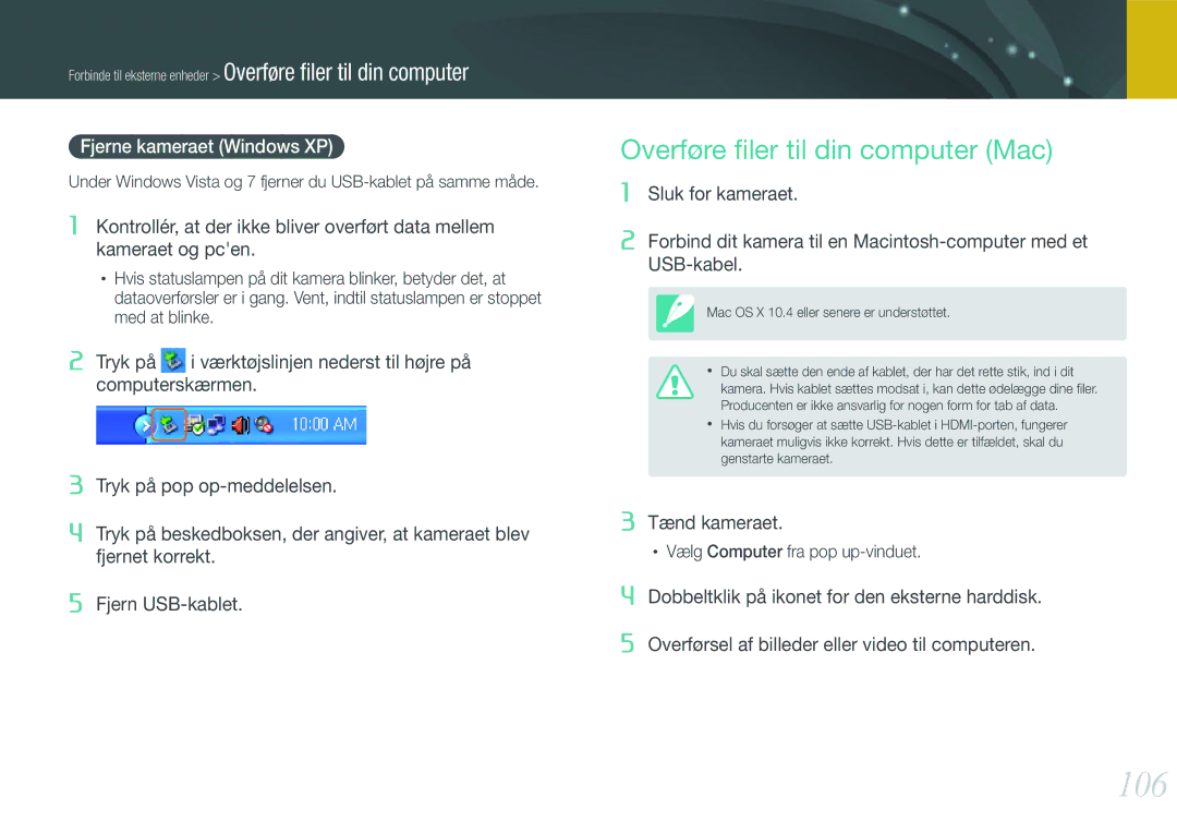 Samsung EV-NX100ZBBBSE, EV-NX100ZBABDE, EV-NX100ZBAWDK 106, Overføre ﬁler til din computer Mac, Fjerne kameraet Windows XP 