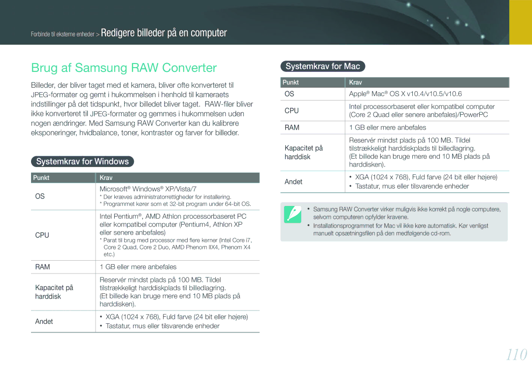 Samsung EV-NX100ZBAWSE, EV-NX100ZBABDE manual 110, Brug af Samsung RAW Converter, Systemkrav for Windows, Systemkrav for Mac 