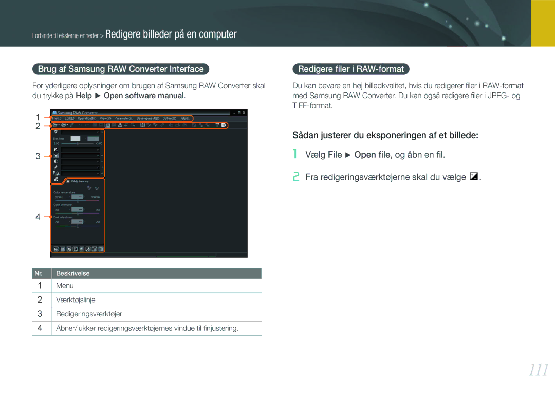 Samsung EV-NX100ZBABSE, EV-NX100ZBABDE manual 111, Brug af Samsung RAW Converter Interface, Redigere ﬁler i RAW-format 