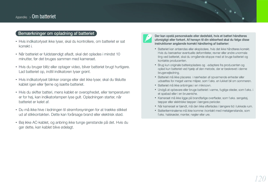 Samsung EV-NX100ZBAWDK, EV-NX100ZBABDE, EV-NX100ZBABDK, EV-NX100ZBAWSE manual 120, Bemærkninger om opladning af batteriet 