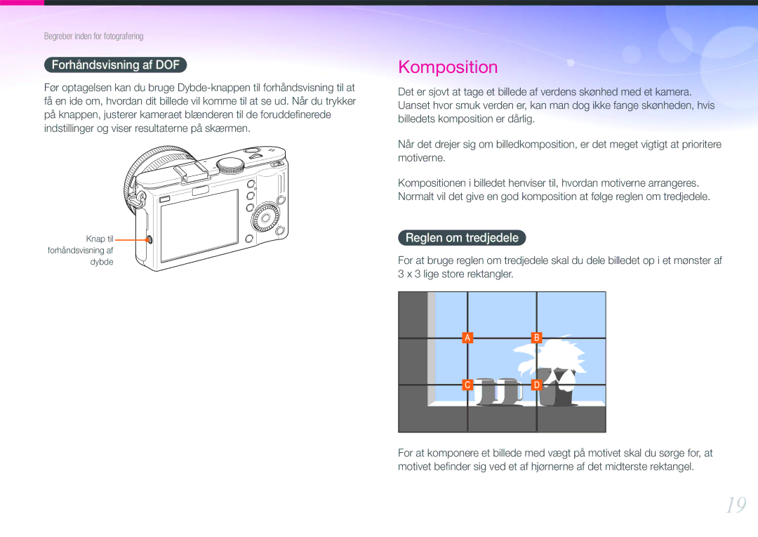 Samsung EV-NX100ZBABDK, EV-NX100ZBABDE, EV-NX100ZBAWDK, EV-NX100ZBAWSE manual Forhåndsvisning af DOF, Reglen om tredjedele 