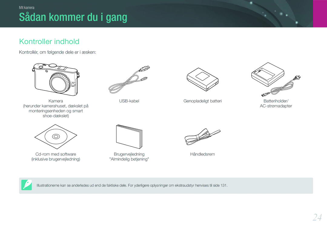 Samsung EV-NX100ZBAWDK, EV-NX100ZBABDE manual Sådan kommer du i gang, Kontroller indhold, USB-kabel Genopladeligt batteri 