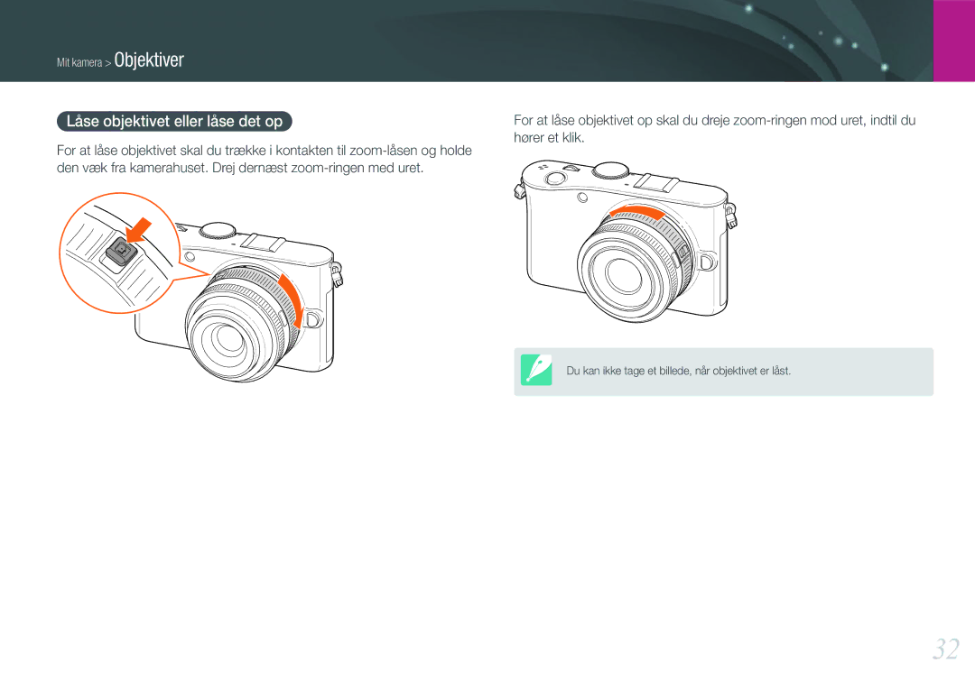 Samsung EV-NX100ZBAWSE, EV-NX100ZBABDE, EV-NX100ZBAWDK, EV-NX100ZBABDK, EV-NX100ZBABSE manual Låse objektivet eller låse det op 