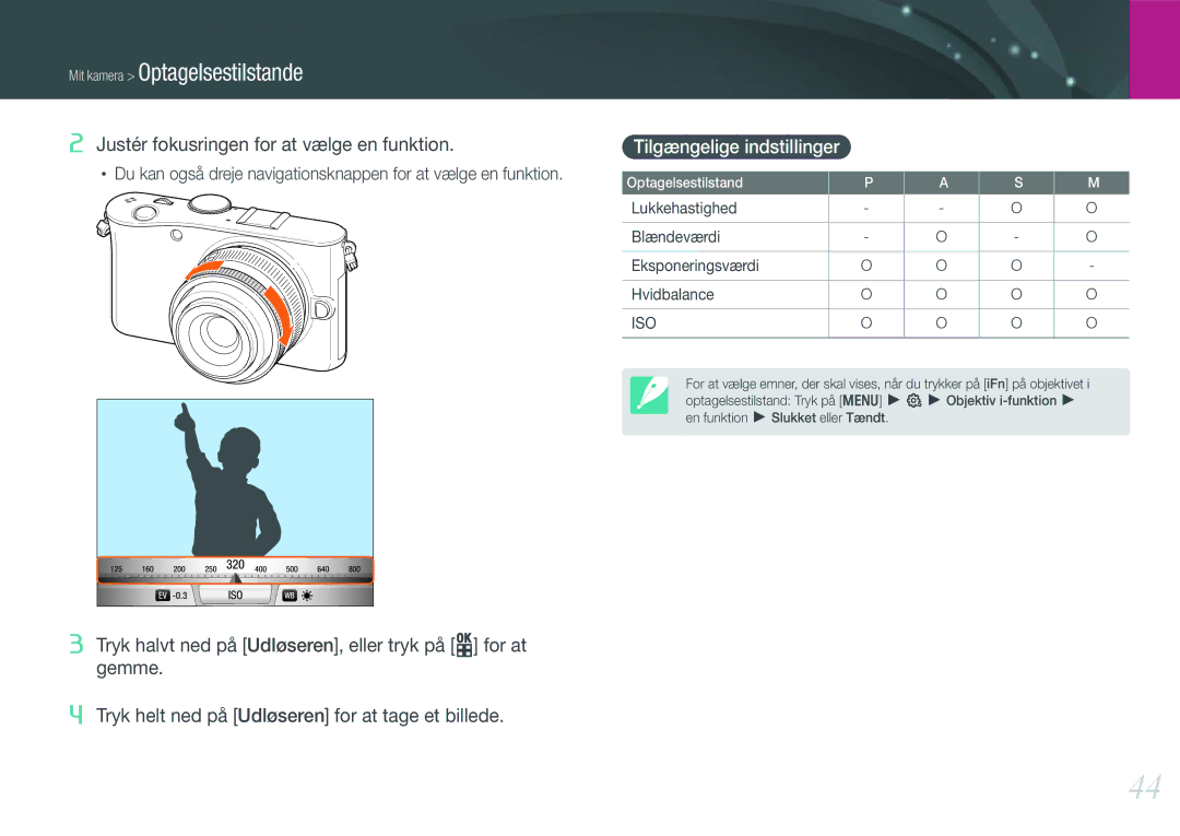 Samsung EV-NX100ZBAWSE manual Tilgængelige indstillinger, Lukkehastighed Blændeværdi Eksponeringsværdi Hvidbalance 