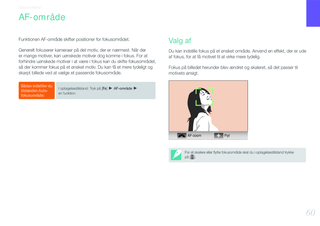 Samsung EV-NX100ZBAWDK, EV-NX100ZBABDE, EV-NX100ZBABDK, EV-NX100ZBAWSE, EV-NX100ZBABSE, EV-NX100ZBBBSE manual AF-område, Valg af 