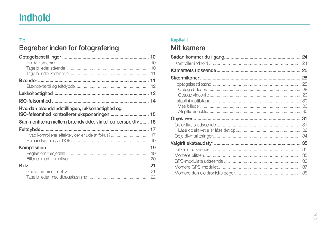 Samsung EV-NX100ZBAWDK, EV-NX100ZBABDE, EV-NX100ZBABDK, EV-NX100ZBAWSE, EV-NX100ZBABSE, EV-NX100ZBBBSE manual Indhold 