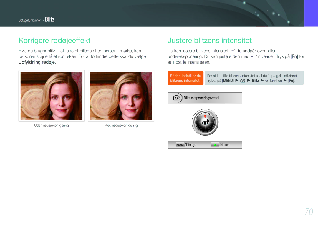 Samsung EV-NX100ZBBBSE, EV-NX100ZBABDE, EV-NX100ZBAWDK, EV-NX100ZBABDK Korrigere rødøjeeffekt, Justere blitzens intensitet 