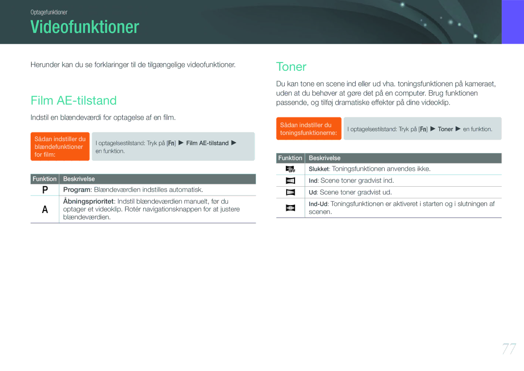 Samsung EV-NX100ZBABDE, EV-NX100ZBAWDK, EV-NX100ZBABDK, EV-NX100ZBAWSE manual Videofunktioner, Film AE-tilstand, Toner 