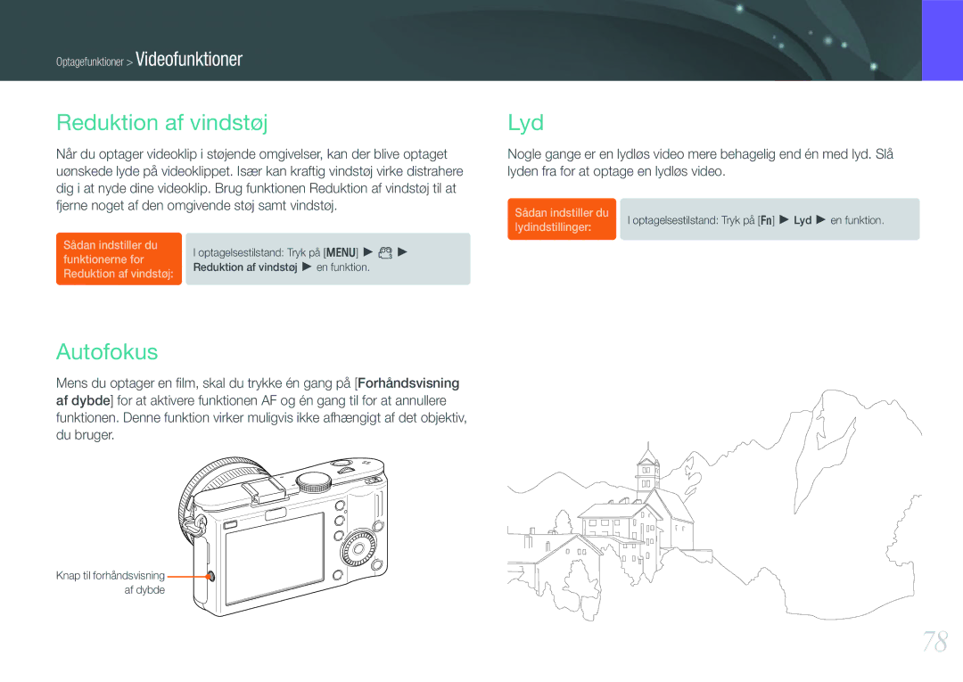 Samsung EV-NX100ZBAWDK, EV-NX100ZBABDE, EV-NX100ZBABDK, EV-NX100ZBAWSE, EV-NX100ZBABSE Reduktion af vindstøj, Autofokus, Lyd 