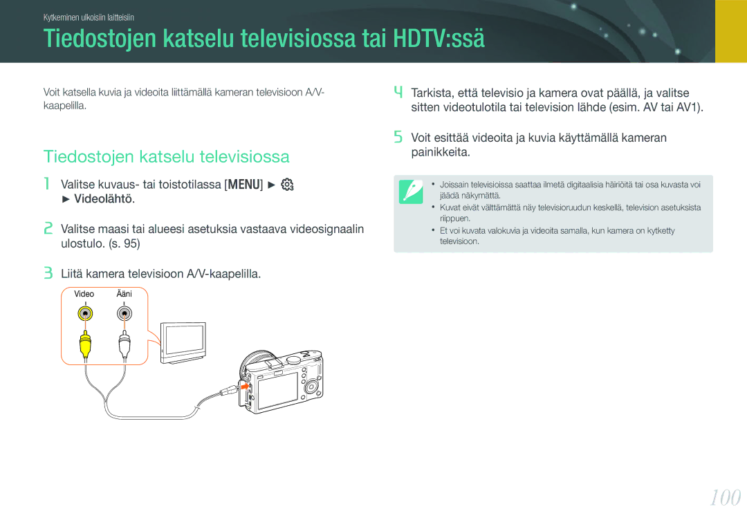 Samsung EV-NX100ZBBBSE, EV-NX100ZBABDE, EV-NX100ZBAWDK, EV-NX100ZBABDK manual Tiedostojen katselu televisiossa tai HDTVssä 