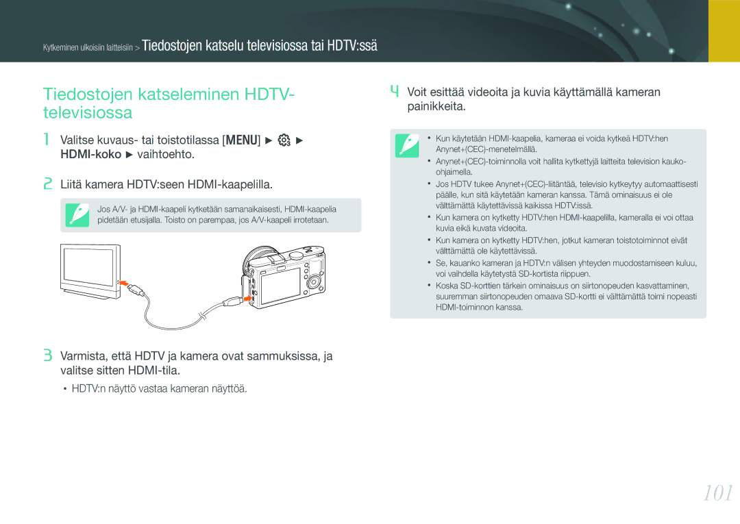 Samsung EV-NX100ZBABDE, EV-NX100ZBAWDK, EV-NX100ZBABDK, EV-NX100ZBAWSE manual 101, Tiedostojen katseleminen HDTV- televisiossa 