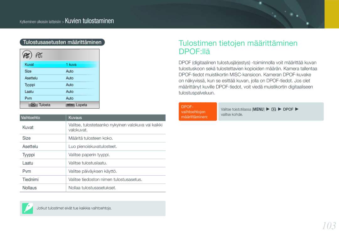 Samsung EV-NX100ZBABDK manual 103, Tulostimen tietojen määrittäminen DPOFllä, Tulostusasetusten määrittäminen, Valokuvat 