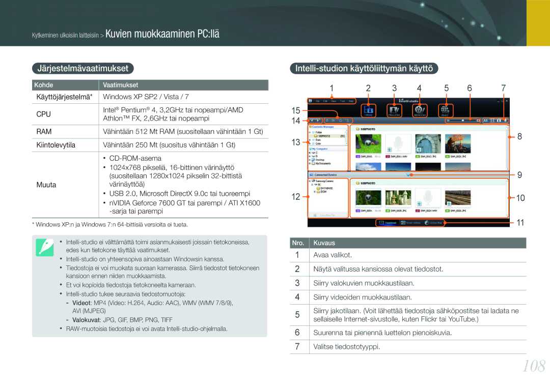 Samsung EV-NX100ZBAWDK, EV-NX100ZBABDE, EV-NX100ZBABDK 108, Järjestelmävaatimukset, Intelli-studion käyttöliittymän käyttö 