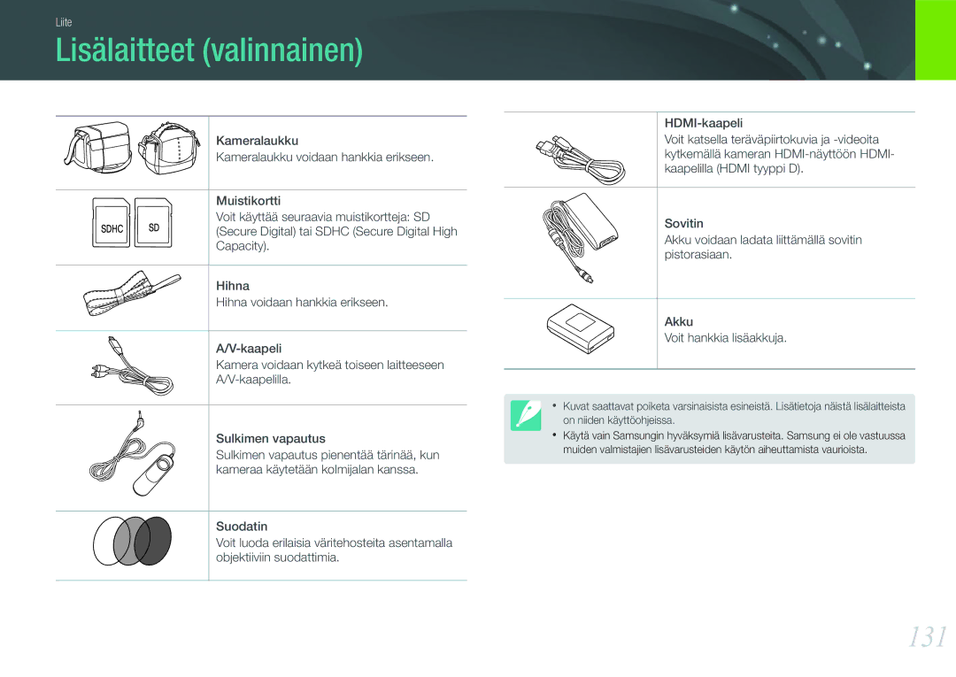 Samsung EV-NX100ZBABDE, EV-NX100ZBAWDK, EV-NX100ZBABDK, EV-NX100ZBAWSE, EV-NX100ZBABSE manual Lisälaitteet valinnainen, 131 