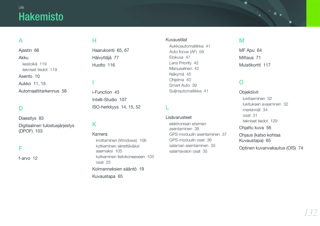 Samsung EV-NX100ZBAWDK, EV-NX100ZBABDE, EV-NX100ZBABDK, EV-NX100ZBAWSE, EV-NX100ZBABSE, EV-NX100ZBBBSE manual Hakemisto, 132 