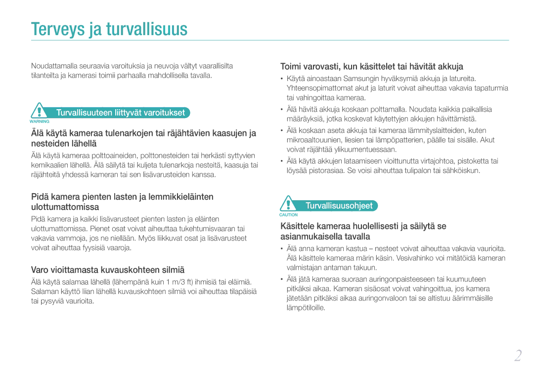 Samsung EV-NX100ZBAWSE, EV-NX100ZBABDE, EV-NX100ZBAWDK manual Turvallisuuteen liittyvät varoitukset, Turvallisuusohjeet 