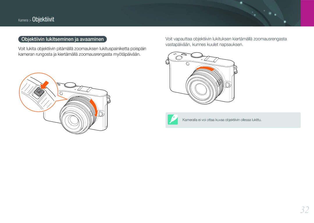 Samsung EV-NX100ZBAWSE, EV-NX100ZBABDE, EV-NX100ZBAWDK manual Kamera Objektiivit, Vastapäivään, kunnes kuulet napsauksen 