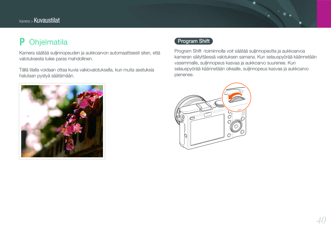 Samsung EV-NX100ZBBBSE, EV-NX100ZBABDE, EV-NX100ZBAWDK, EV-NX100ZBABDK, EV-NX100ZBAWSE manual Ohjelmatila, Program Shift 