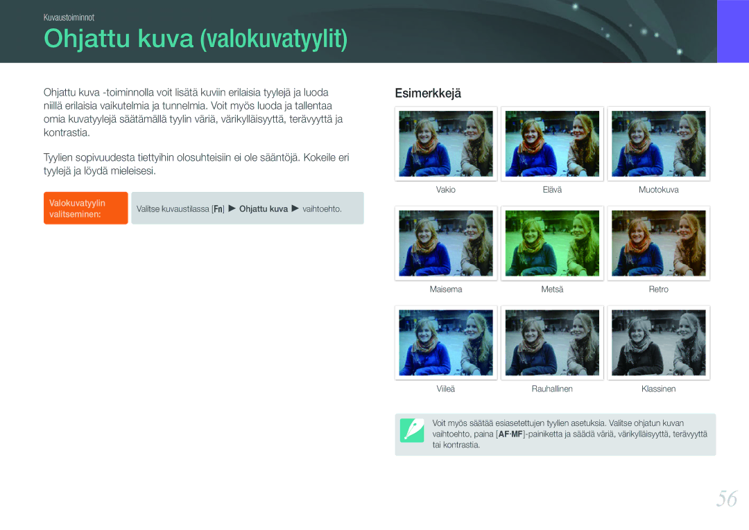 Samsung EV-NX100ZBAWSE, EV-NX100ZBABDE, EV-NX100ZBAWDK, EV-NX100ZBABDK, EV-NX100ZBABSE manual Ohjattu kuva valokuvatyylit 