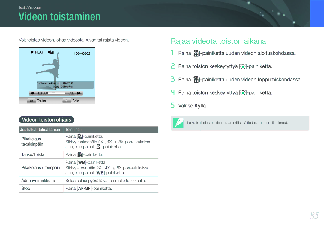 Samsung EV-NX100ZBABDK, EV-NX100ZBABDE manual Videon toistaminen, Rajaa videota toiston aikana, Videon toiston ohjaus 