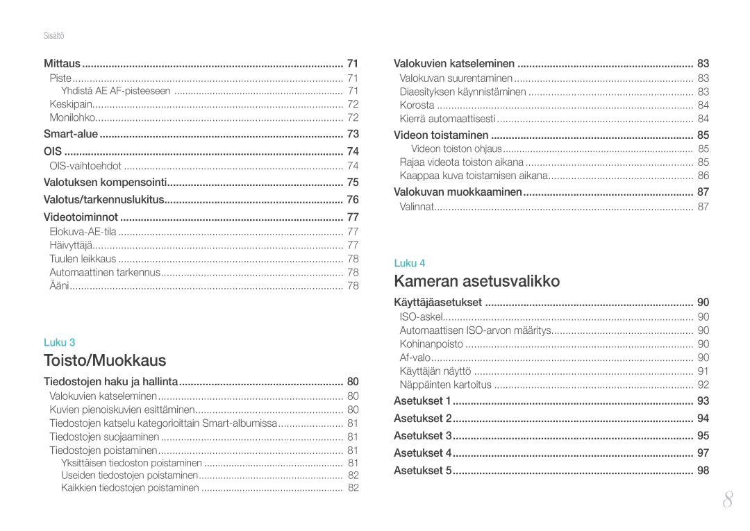 Samsung EV-NX100ZBAWSE, EV-NX100ZBABDE, EV-NX100ZBAWDK, EV-NX100ZBABDK, EV-NX100ZBABSE, EV-NX100ZBBBSE manual Toisto/Muokkaus 