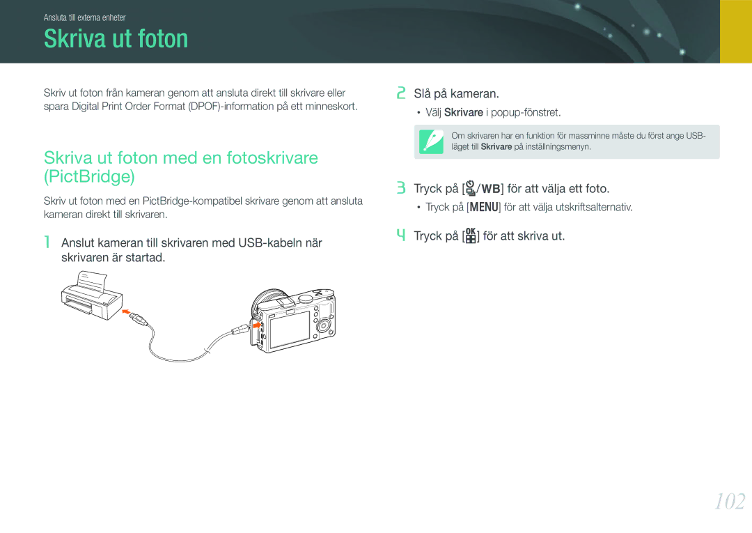 Samsung EV-NX100ZBAWDK, EV-NX100ZBABDE, EV-NX100ZBABDK manual 102, Skriva ut foton med en fotoskrivare PictBridge 