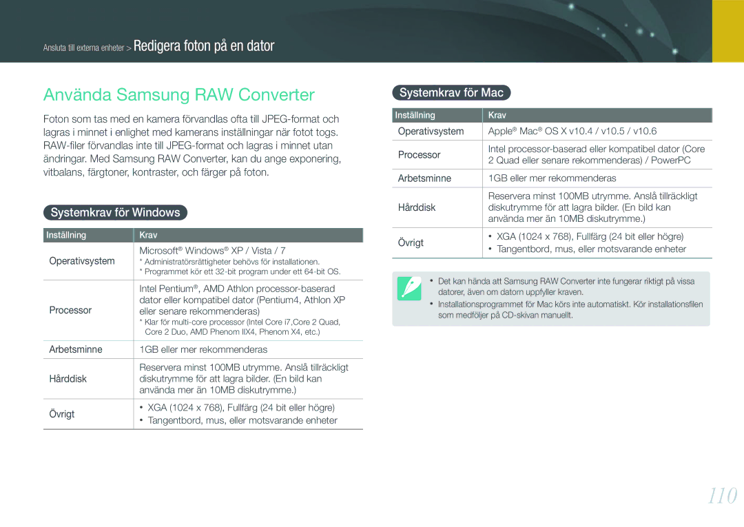 Samsung EV-NX100ZBAWSE, EV-NX100ZBABDE manual 110, Använda Samsung RAW Converter, Systemkrav för Windows, Systemkrav för Mac 