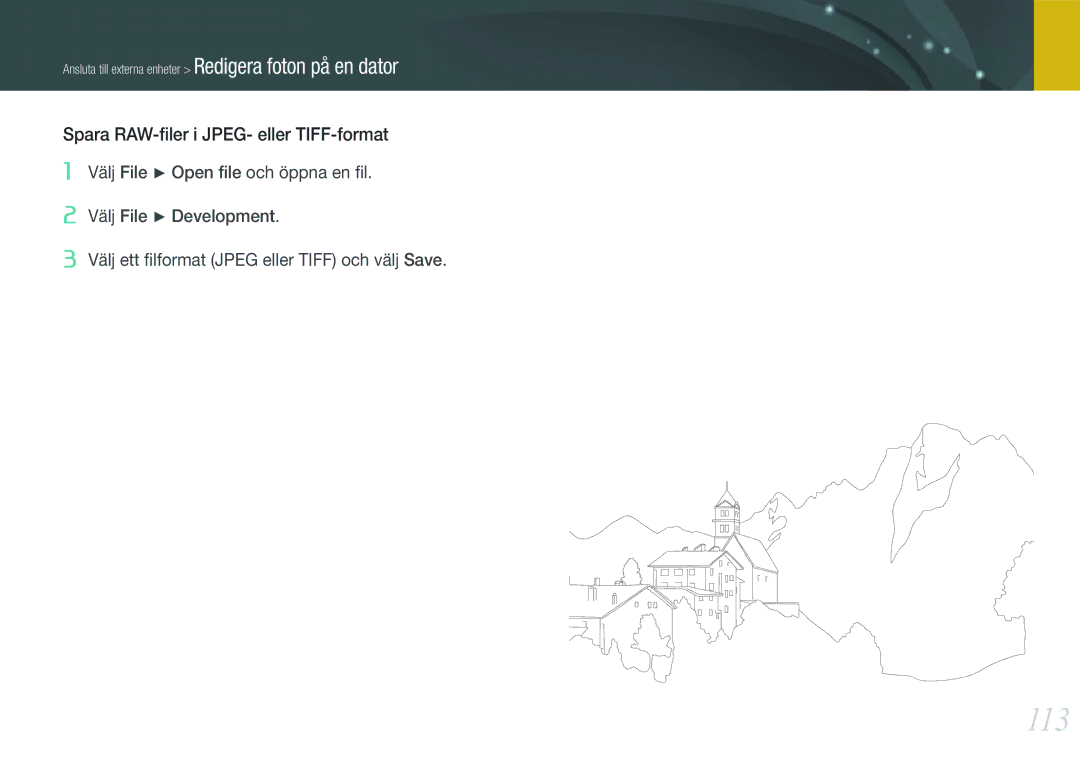 Samsung EV-NX100ZBABDE, EV-NX100ZBAWDK, EV-NX100ZBABDK, EV-NX100ZBAWSE manual 113, Spara RAW-ﬁler i JPEG- eller TIFF-format 