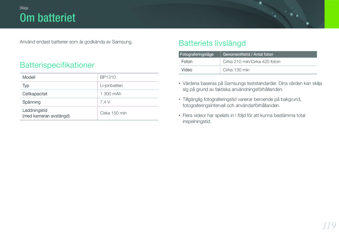 Samsung EV-NX100ZBABDE, EV-NX100ZBAWDK, EV-NX100ZBABDK manual Om batteriet, 119, Batterispeciﬁkationer, Batteriets livslängd 