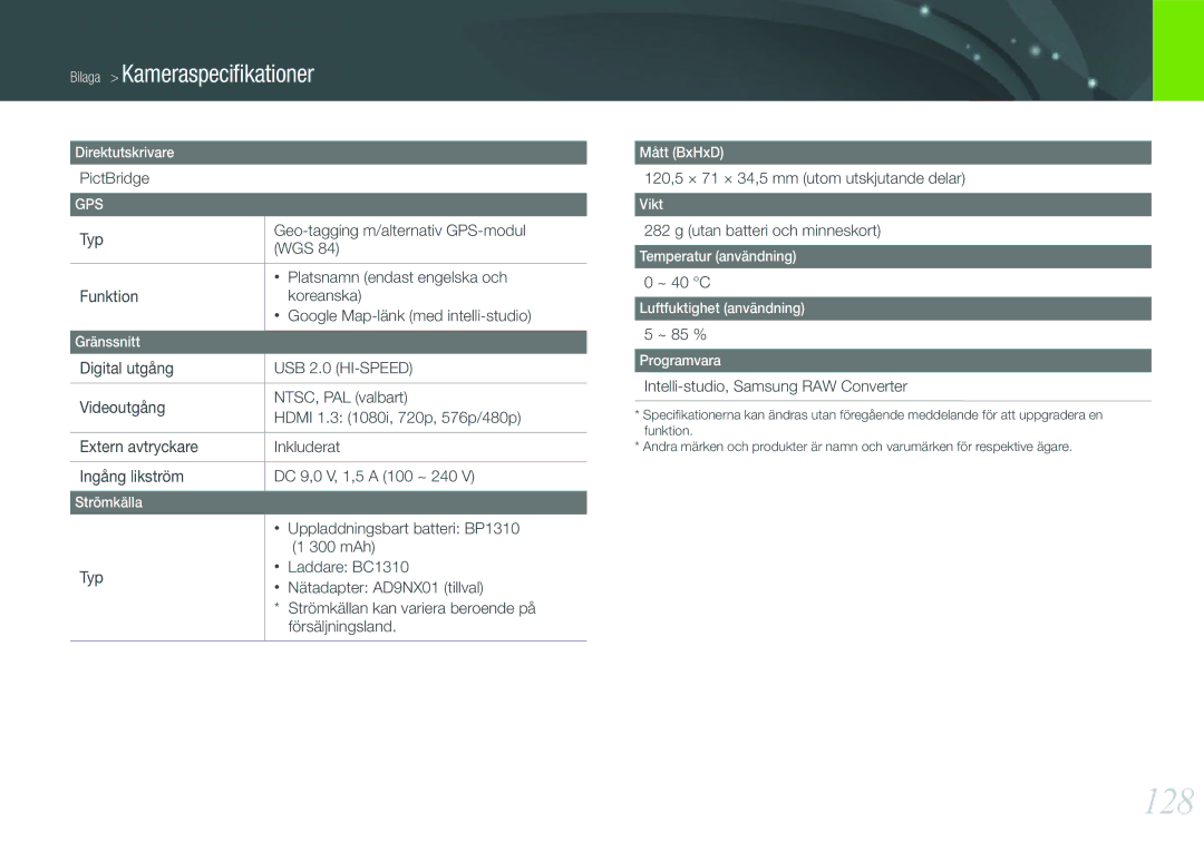 Samsung EV-NX100ZBAWSE, EV-NX100ZBABDE, EV-NX100ZBAWDK, EV-NX100ZBABDK, EV-NX100ZBABSE, EV-NX100ZBBBSE manual 128 