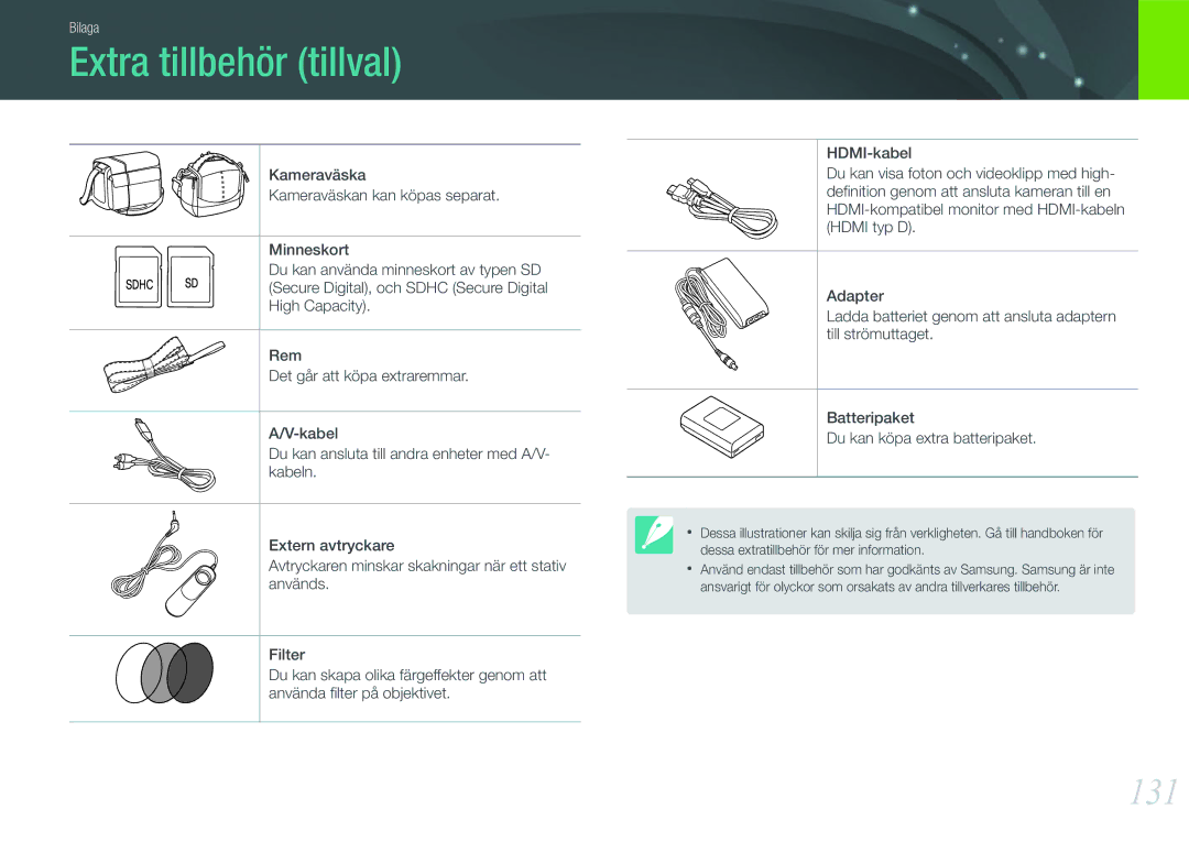 Samsung EV-NX100ZBABDE, EV-NX100ZBAWDK, EV-NX100ZBABDK, EV-NX100ZBAWSE, EV-NX100ZBABSE manual Extra tillbehör tillval, 131 