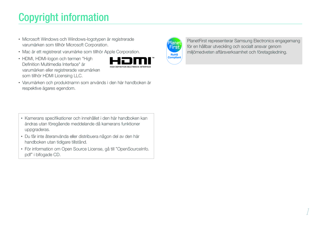 Samsung EV-NX100ZBABDK, EV-NX100ZBABDE, EV-NX100ZBAWDK, EV-NX100ZBAWSE, EV-NX100ZBABSE, EV-NX100ZBBBSE Copyright information 