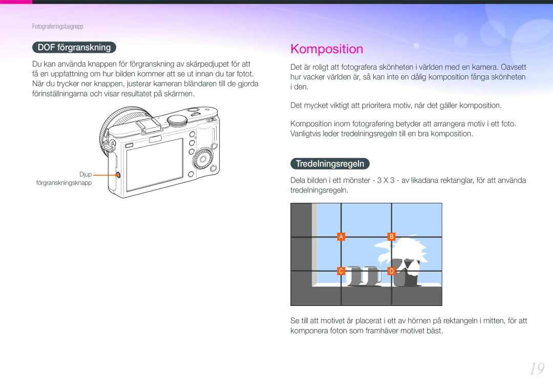 Samsung EV-NX100ZBABDK, EV-NX100ZBABDE, EV-NX100ZBAWDK, EV-NX100ZBAWSE, EV-NX100ZBABSE DOF förgranskning, Tredelningsregeln 