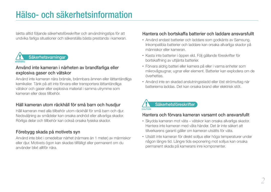 Samsung EV-NX100ZBAWSE, EV-NX100ZBABDE, EV-NX100ZBAWDK, EV-NX100ZBABDK manual Säkerhetsvarningar, Säkerhetsföreskrifter 