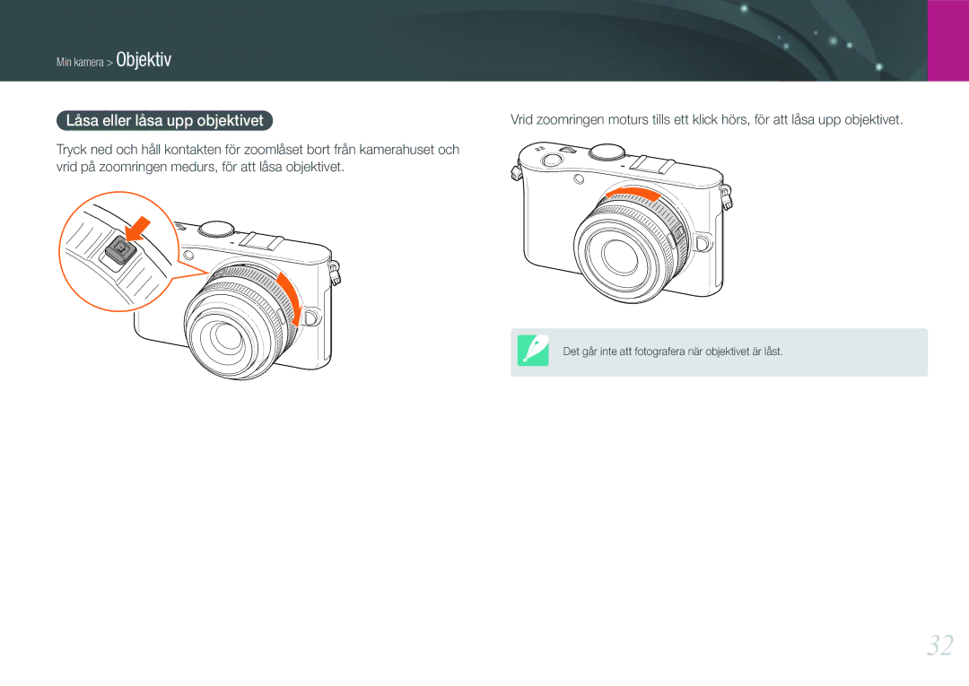 Samsung EV-NX100ZBAWSE, EV-NX100ZBABDE, EV-NX100ZBAWDK, EV-NX100ZBABDK, EV-NX100ZBABSE manual Låsa eller låsa upp objektivet 