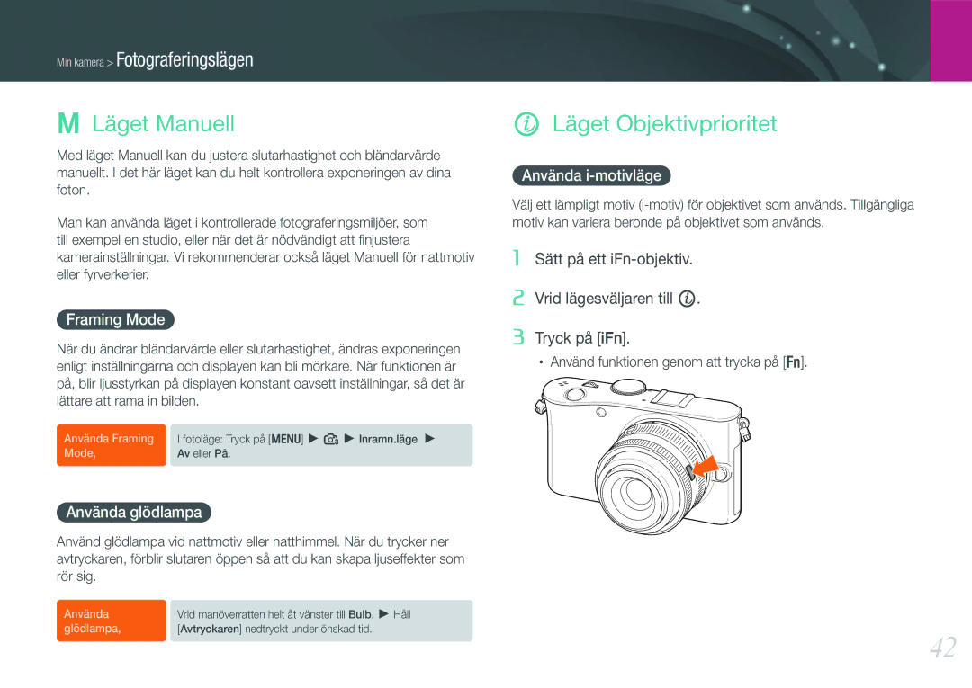 Samsung EV-NX100ZBAWDK manual Läget Manuell, Läget Objektivprioritet, Framing Mode, Använda glödlampa, Använda i-motivläge 