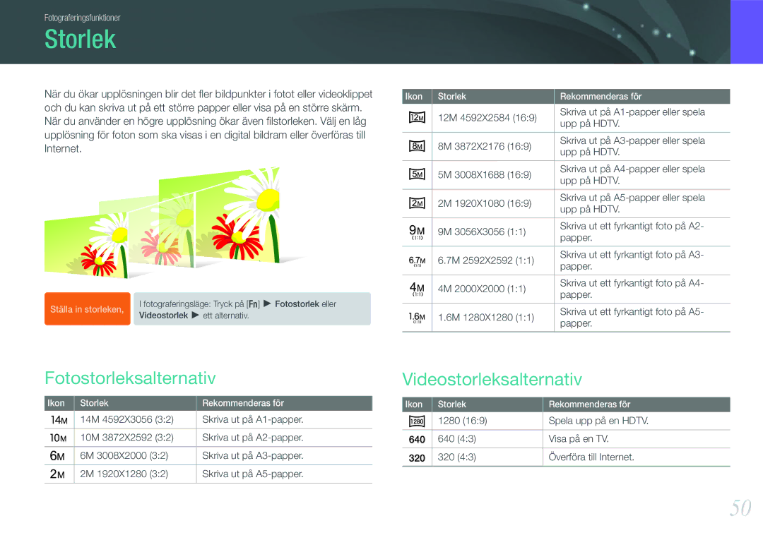 Samsung EV-NX100ZBAWSE, EV-NX100ZBABDE, EV-NX100ZBAWDK manual Storlek, Fotostorleksalternativ, Videostorleksalternativ 