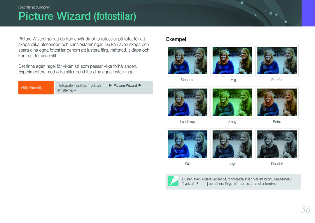 Samsung EV-NX100ZBAWSE, EV-NX100ZBABDE, EV-NX100ZBAWDK, EV-NX100ZBABDK manual Picture Wizard fotostilar, KallLugnKlassisk 