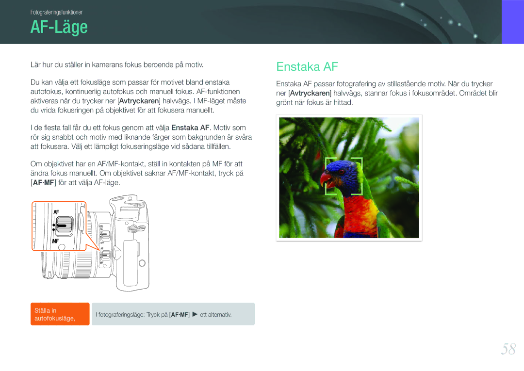Samsung EV-NX100ZBBBSE, EV-NX100ZBABDE manual AF-Läge, Enstaka AF, Lär hur du ställer in kamerans fokus beroende på motiv 
