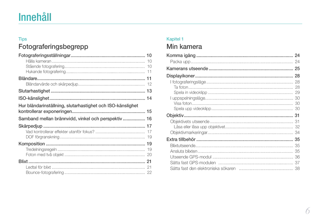 Samsung EV-NX100ZBAWDK, EV-NX100ZBABDE, EV-NX100ZBABDK, EV-NX100ZBAWSE, EV-NX100ZBABSE, EV-NX100ZBBBSE manual Innehåll 