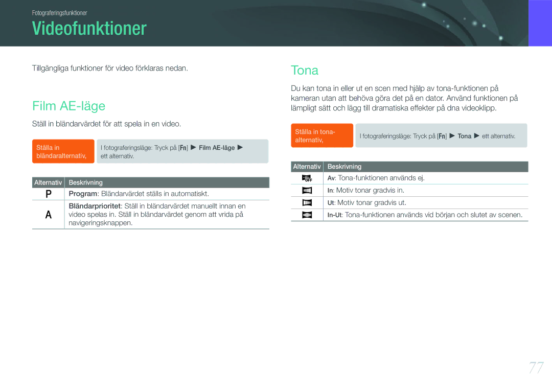 Samsung EV-NX100ZBABDE manual Videofunktioner, Film AE-läge, Tona, Tillgängliga funktioner för video förklaras nedan 