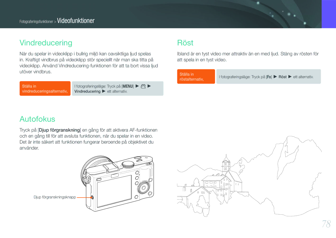 Samsung EV-NX100ZBAWDK, EV-NX100ZBABDE, EV-NX100ZBABDK, EV-NX100ZBAWSE, EV-NX100ZBABSE manual Vindreducering, Autofokus, Röst 