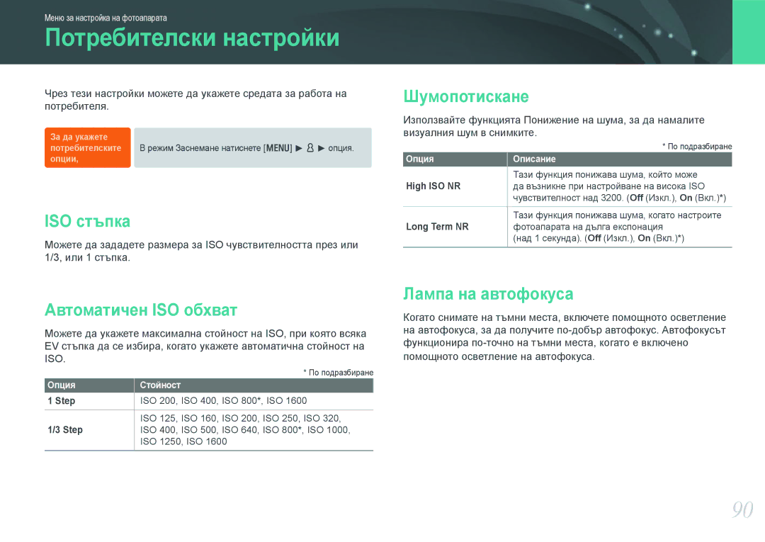 Samsung EV-NX100ZBABDE Потребителски настройки, ISO стъпка, Автоматичен ISO обхват, Шумопотискане, Лампа на автофокуса 