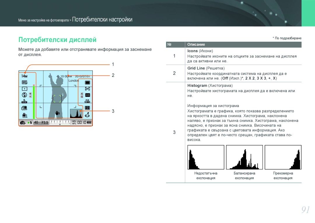 Samsung EV-NX100ZBABDE manual Потребителски дисплей, Grid Line Решетка 