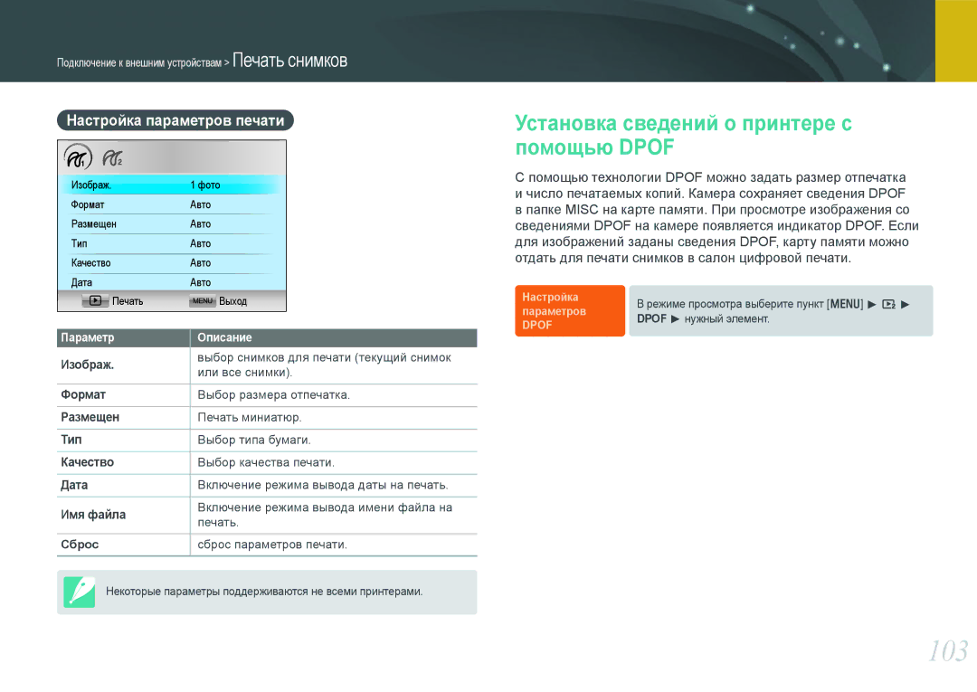 Samsung EV-NX100ZBABEE, EV-NX100ZBABRU manual 103, Установка сведений о принтере с помощью Dpof, Настройка параметров печати 