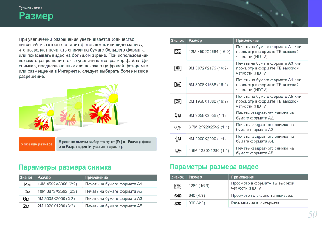 Samsung EV-NX100ZBBBRU, EV-NX100ZBABEE Параметры размера снимка, Параметры размера видео, Значок Размер Применение 