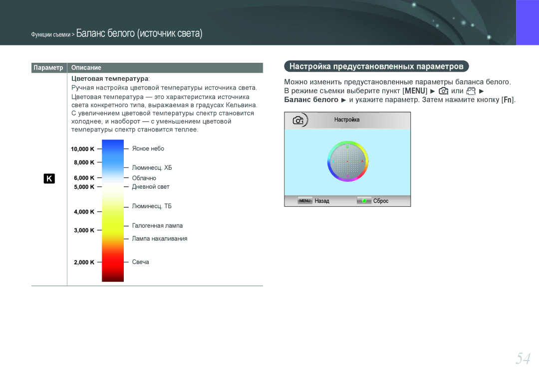 Samsung EV-NX100ZBCWRU, EV-NX100ZBABEE, EV-NX100ZBABRU manual Настройка предустановленных параметров, Цветовая температура 
