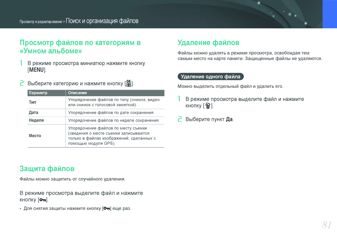 Samsung EV-NX100ZBDBRU, EV-NX100ZBABEE Просмотр файлов по категориям в «Умном альбоме», Защита файлов, Удаление файлов 