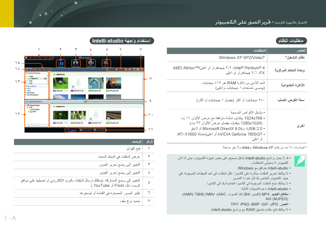 Samsung EV-NX100ZBABIL manual 108, رتسيتميما تلع ةسصما رمرر مياةالخا ةالالأاب لاصتاا, Intelli-studio ةهجاو مادختسا 