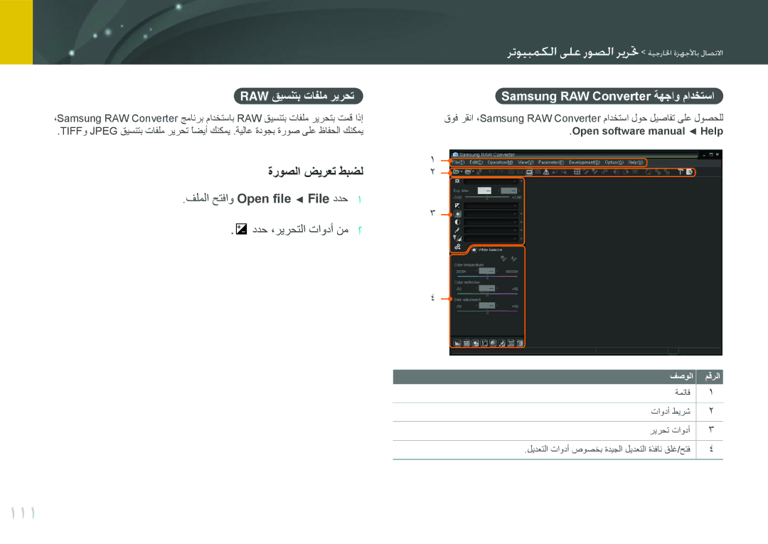 Samsung EV-NX100ZBABME 111, Raw قيسنتب تافلم ريرحت, Samsung RAW Converter ةهجاو مادختسا, Open software manual Help 